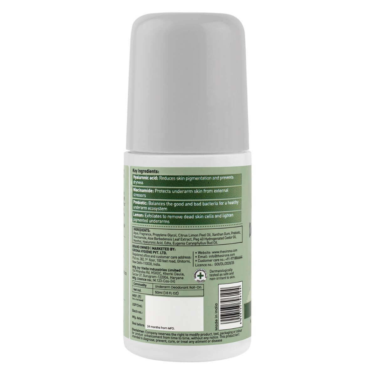 Sirona Underarm Deodorant Roll On with Prebiotics, Controls Body Odour, 48 hour Fragrance Retention, Alcohol Free - 50ml