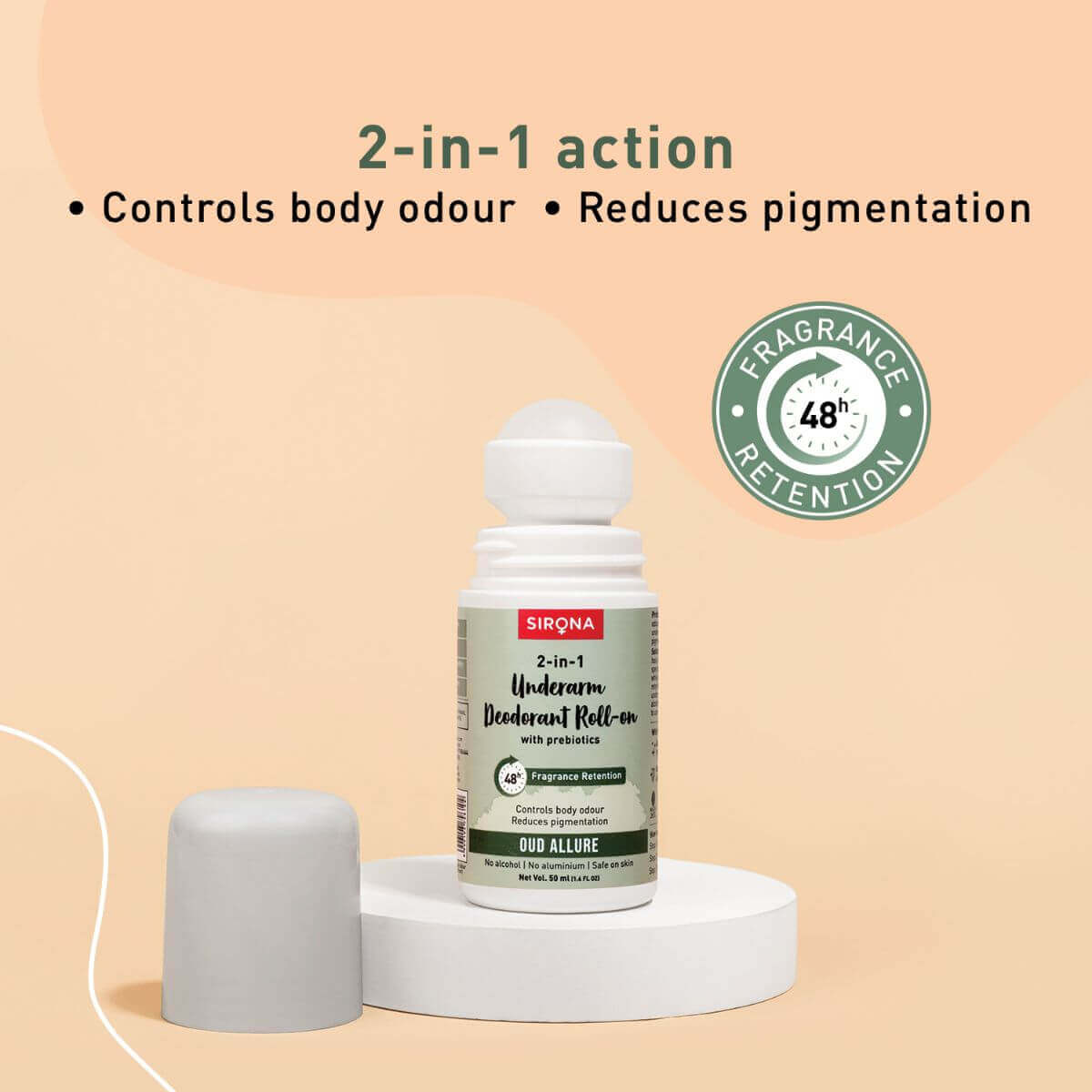 Sirona Underarm Deodorant Roll On with Prebiotics, Controls Body Odour, 48 hour Fragrance Retention, Alcohol Free - 50ml