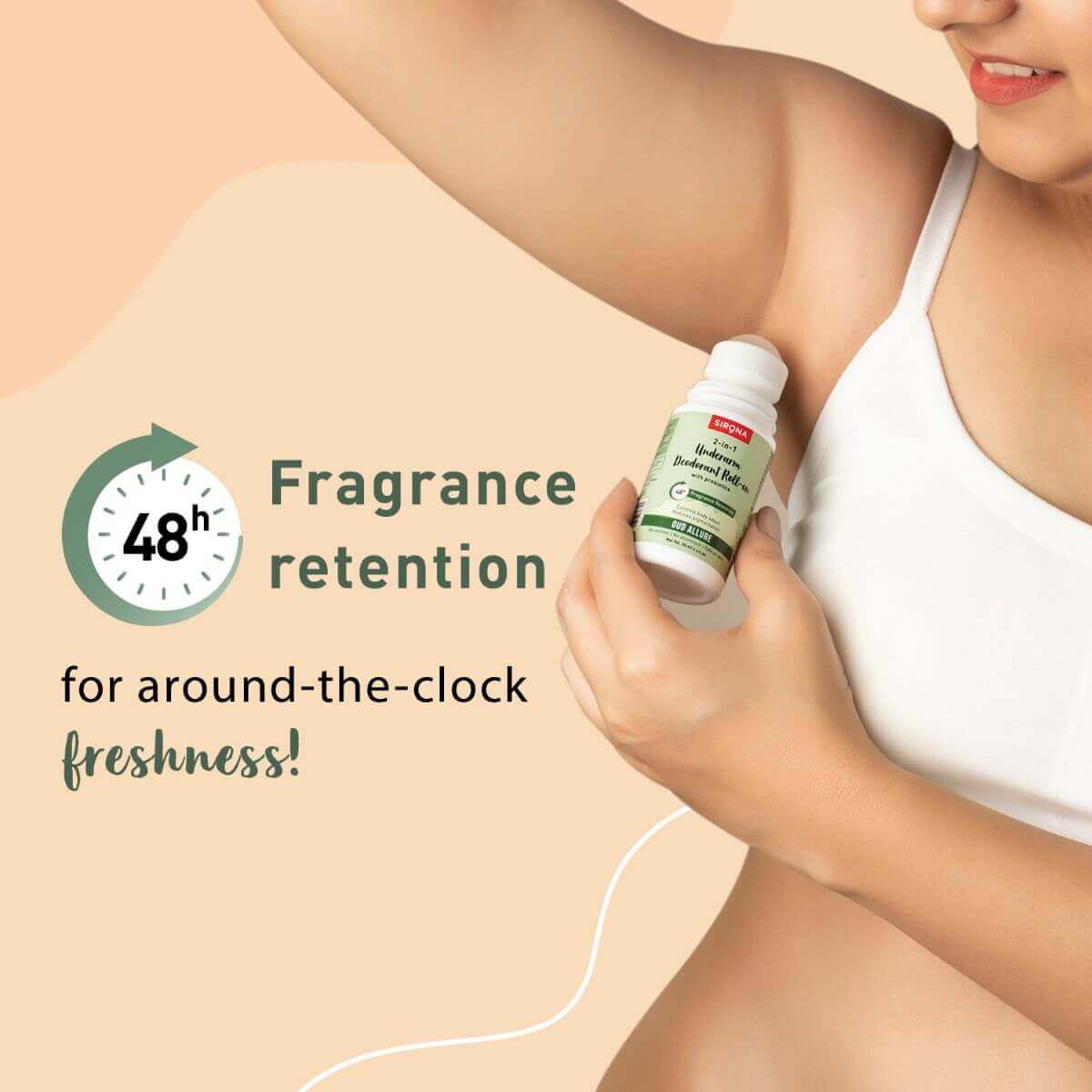 Sirona Underarm Deodorant Roll On with Prebiotics, Controls Body Odour, 48 hour Fragrance Retention, Alcohol Free - 50ml