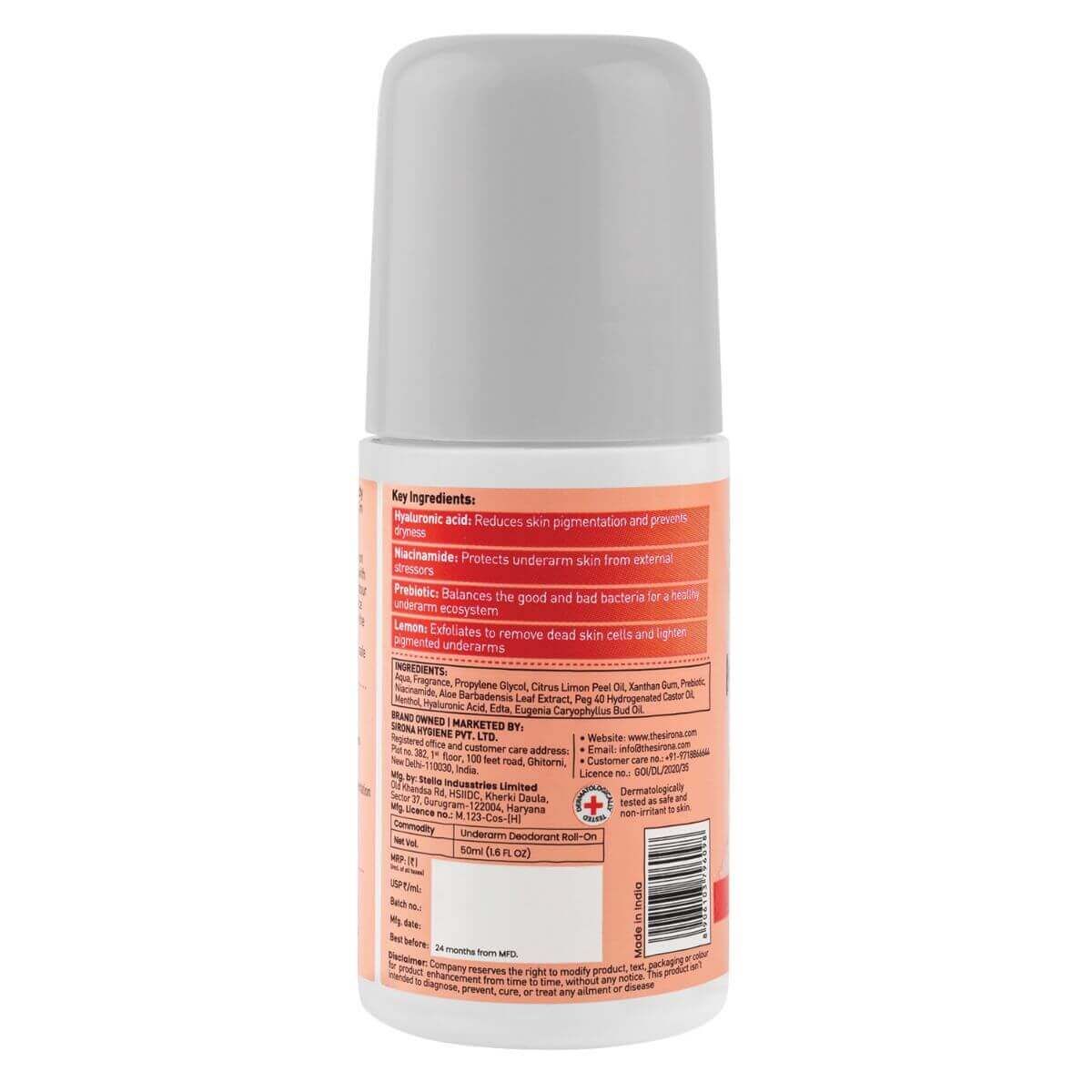 Sirona Underarm Deodorant Roll On with Prebiotics, Controls Body Odour, 48 hour Fragrance Retention, Alcohol Free - 50ml
