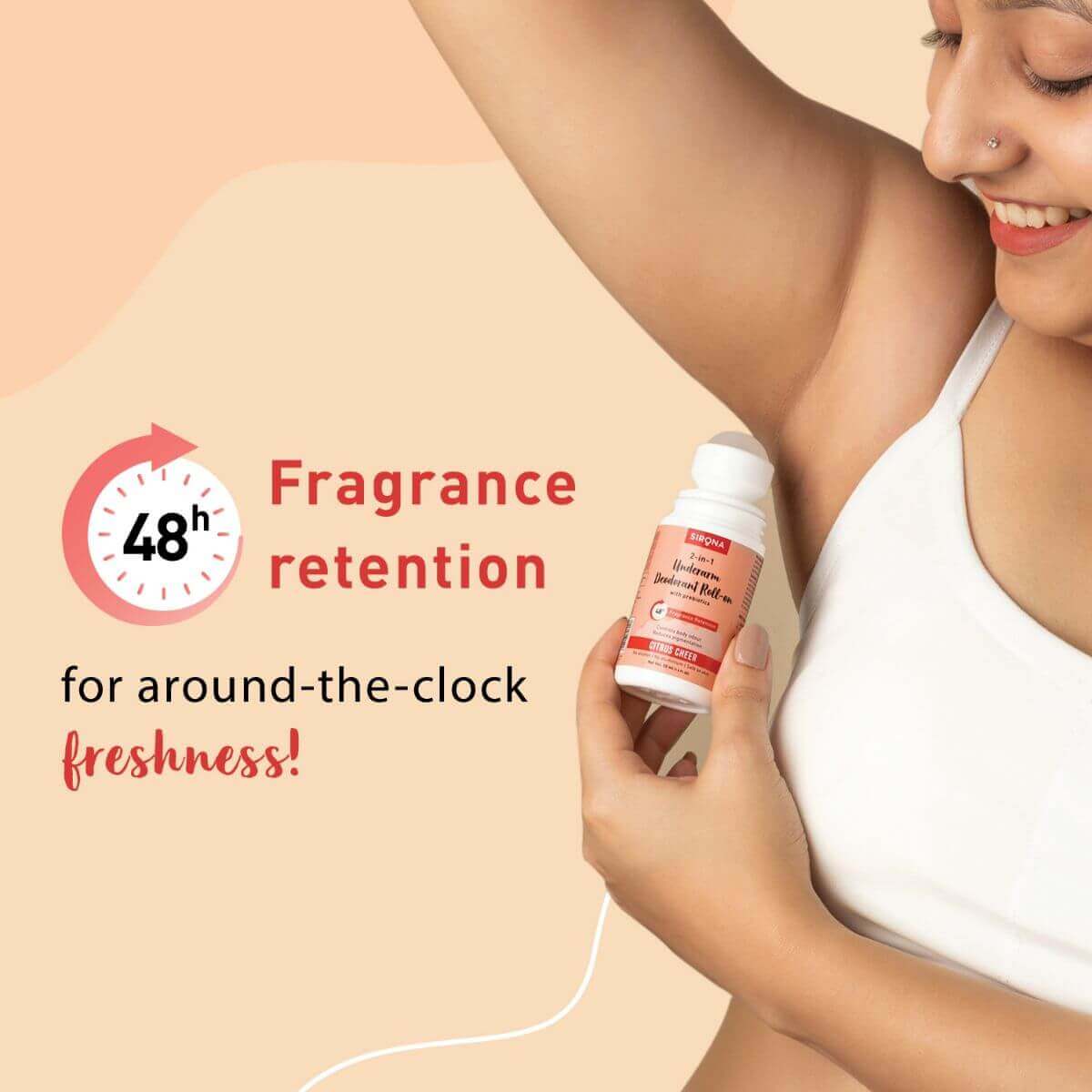 Sirona Underarm Deodorant Roll On with Prebiotics, Controls Body Odour, 48 hour Fragrance Retention, Alcohol Free - 50ml