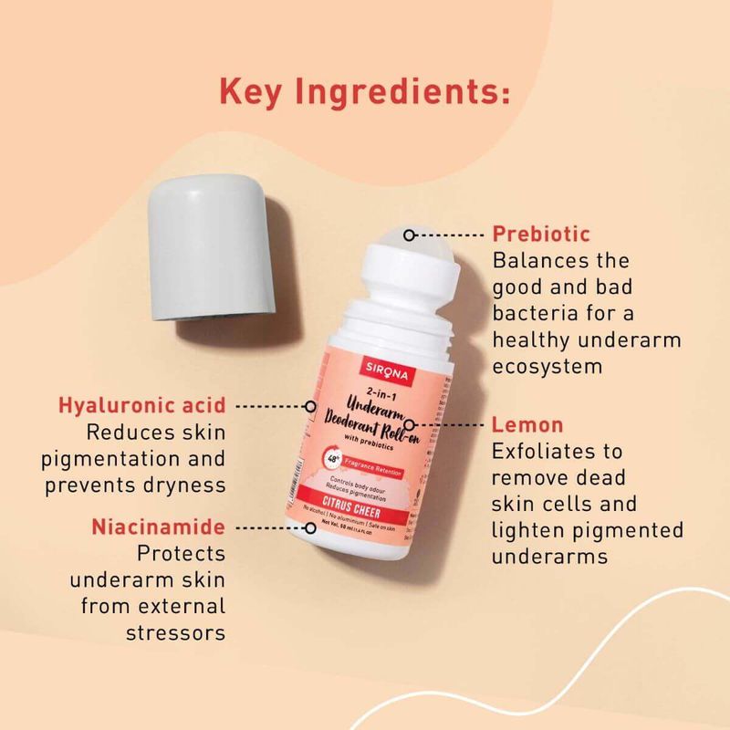 Sirona Underarm Deodorant Roll On with Prebiotics, Controls Body Odour, 48 hour Fragrance Retention, Alcohol Free - 50ml