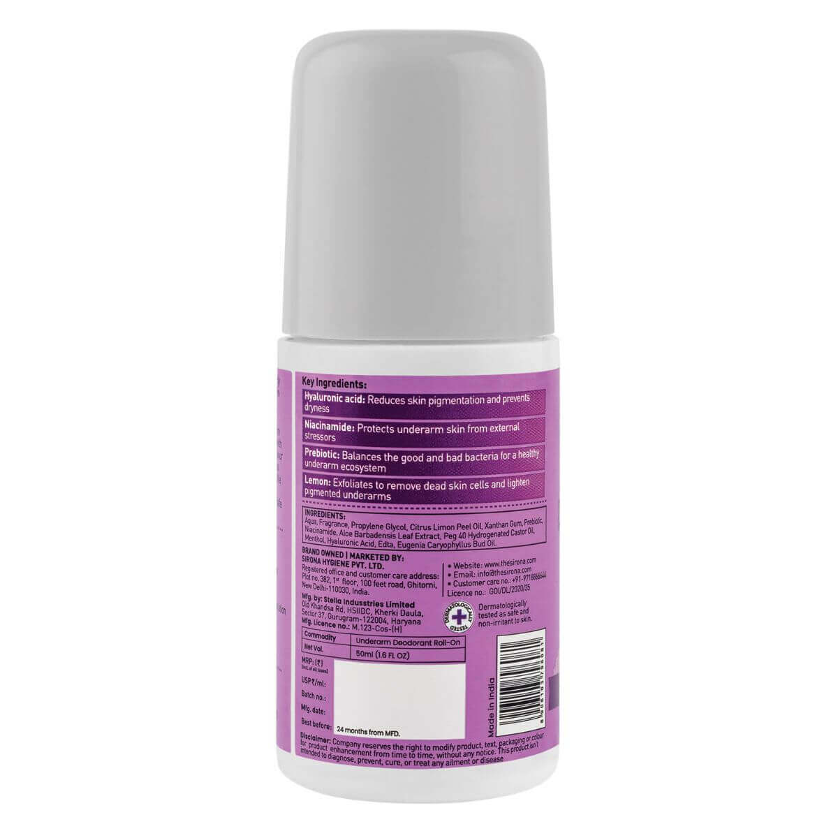 Sirona Underarm Deodorant Roll On with Prebiotics, Controls Body Odour, 48 hour Fragrance Retention, Alcohol Free - 50ml