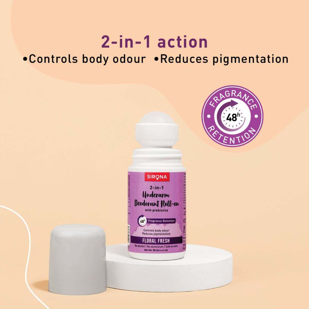 Sirona Underarm Deodorant Roll On with Prebiotics, Controls Body Odour, 48 hour Fragrance Retention, Alcohol Free - 50ml