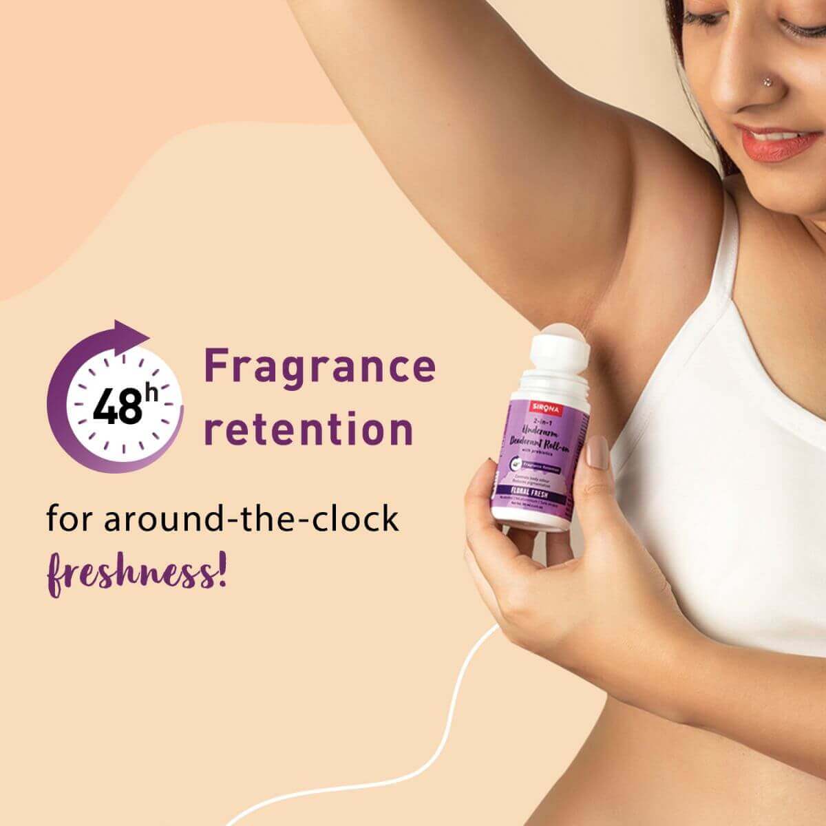 Sirona Underarm Deodorant Roll On with Prebiotics, Controls Body Odour, 48 hour Fragrance Retention, Alcohol Free - 50ml