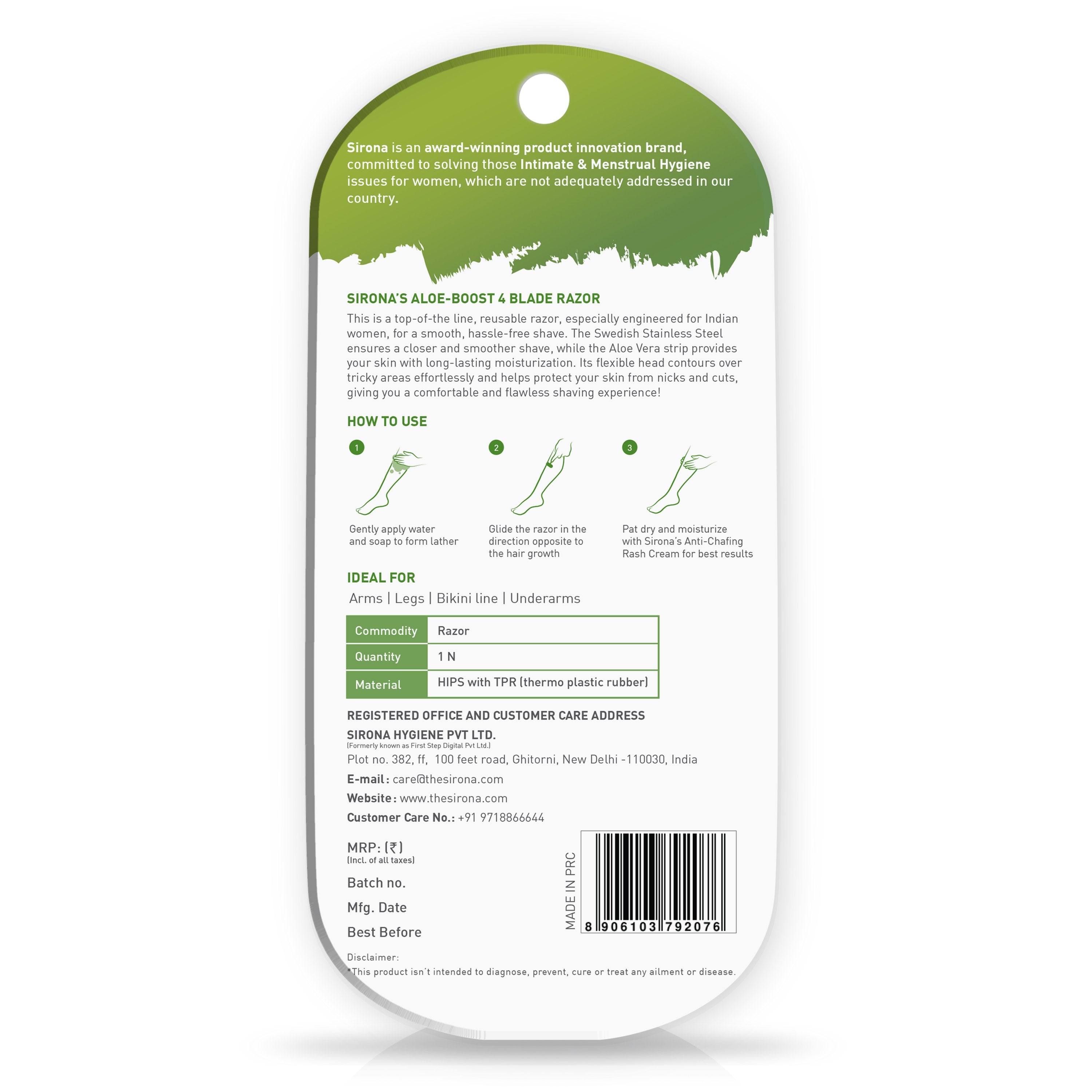 Sirona Aloe Boost 4 Blade Reusable Razor - Pee Buddy