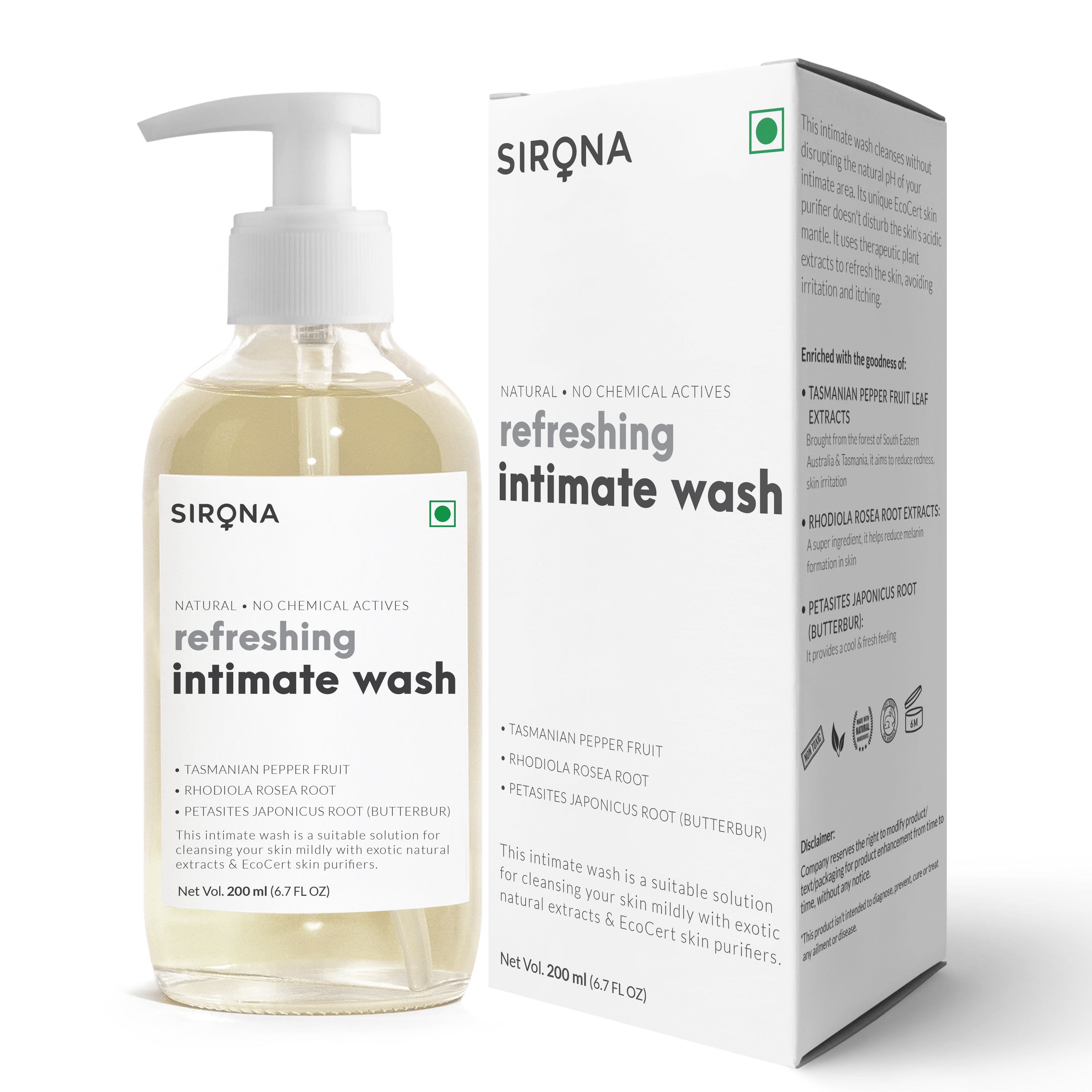 Sirona Natural Intimate Wash - with 5 Magical Herbs, Olive Oil, Tea Tree Oil & Jojoba Oil, Prevents Bad Odour, Itching & Irritation