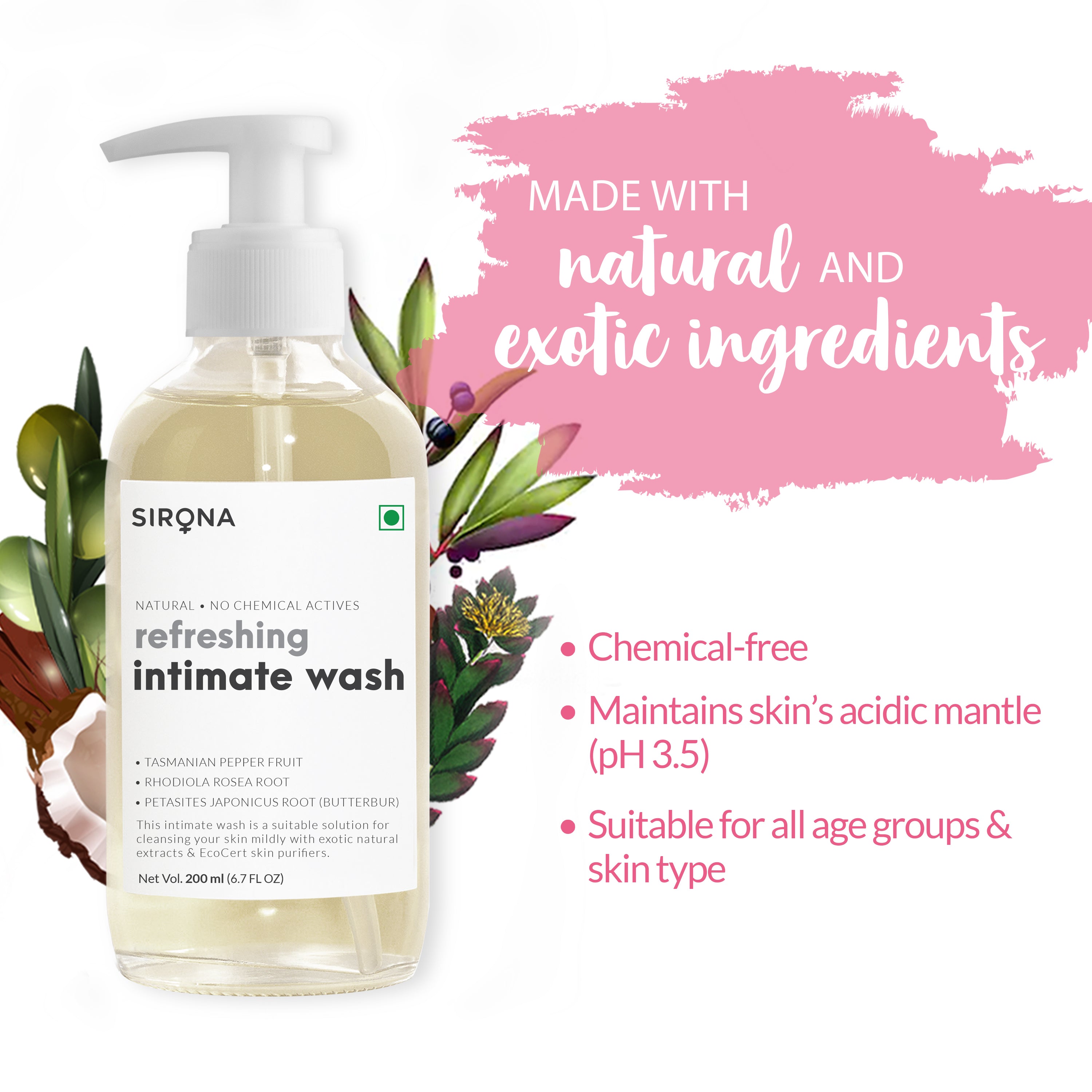 Sirona Natural Intimate Wash - with 5 Magical Herbs, Olive Oil, Tea Tree Oil & Jojoba Oil, Prevents Bad Odour, Itching & Irritation