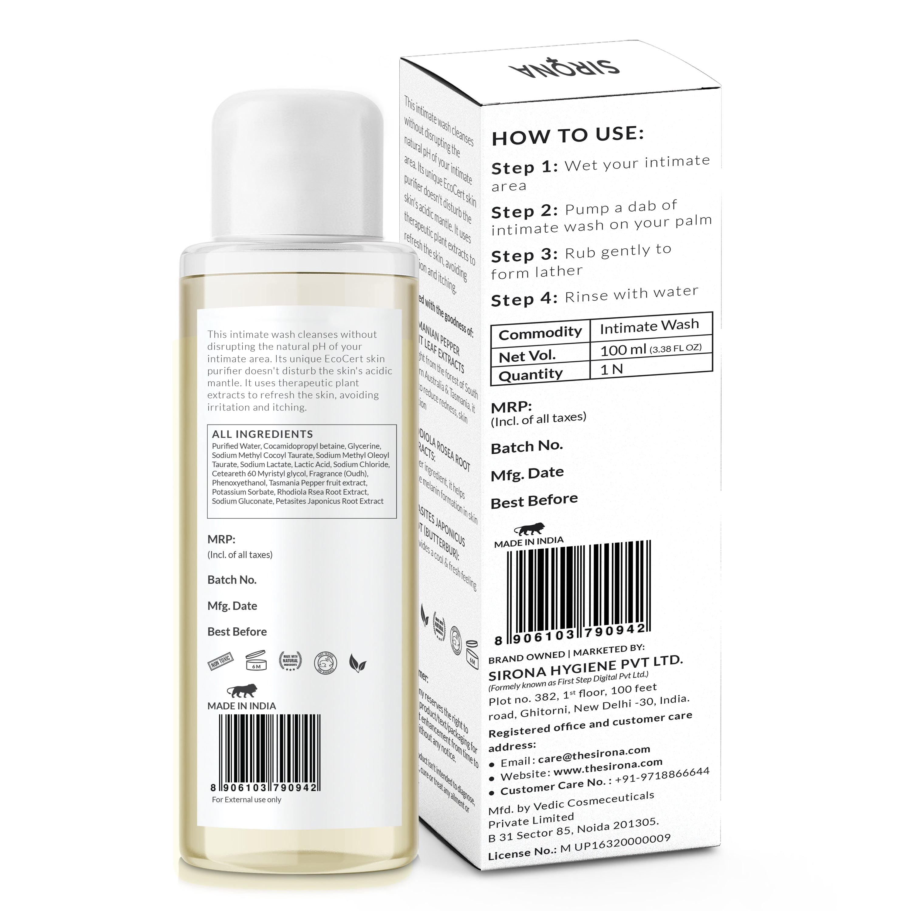Sirona Natural Intimate Wash - with 5 Magical Herbs, Olive Oil, Tea Tree Oil & Jojoba Oil, Prevents Bad Odour, Itching & Irritation