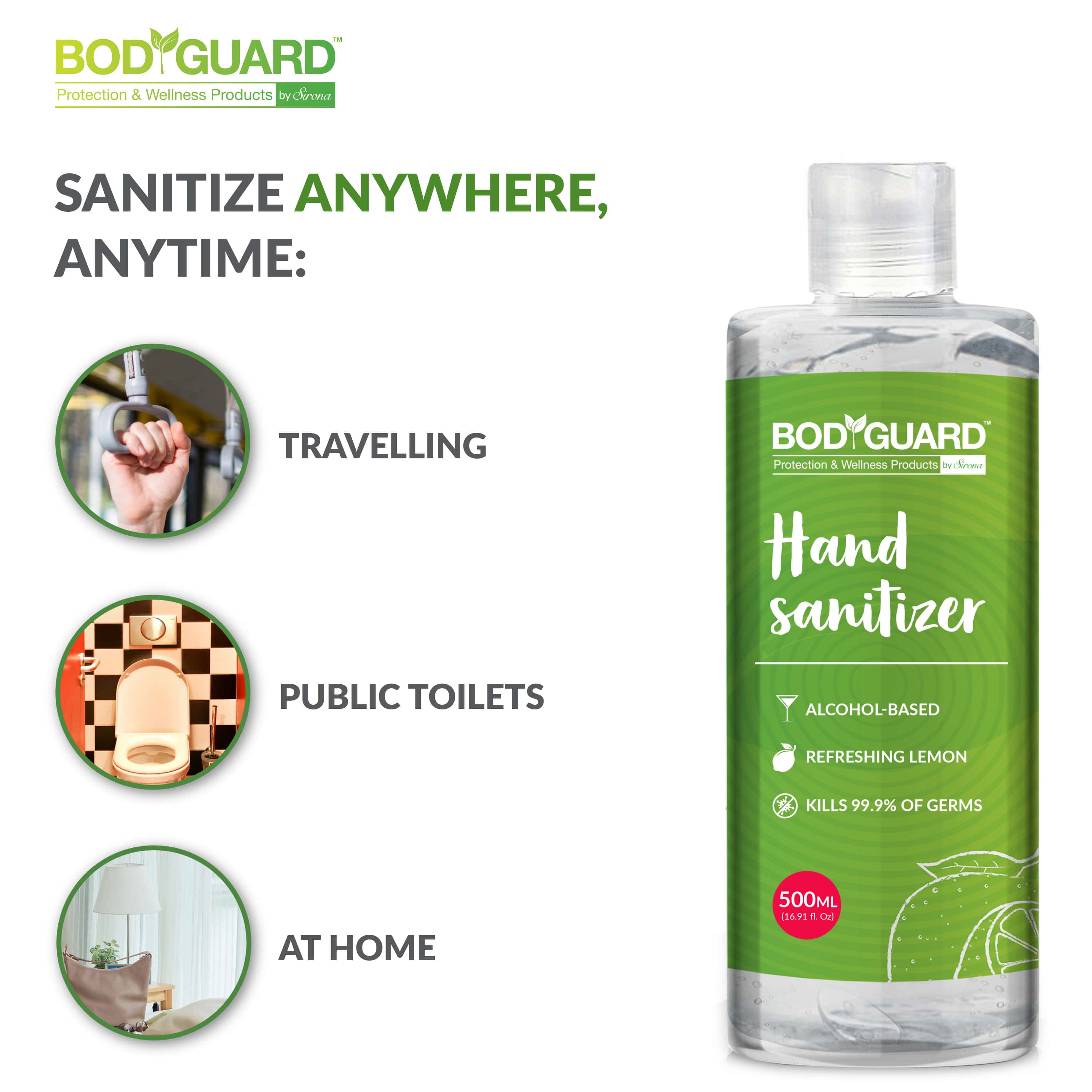 BodyGuard Hand Sanitizer alcohol-based refreshing lemon- Kills 99.9% of germs