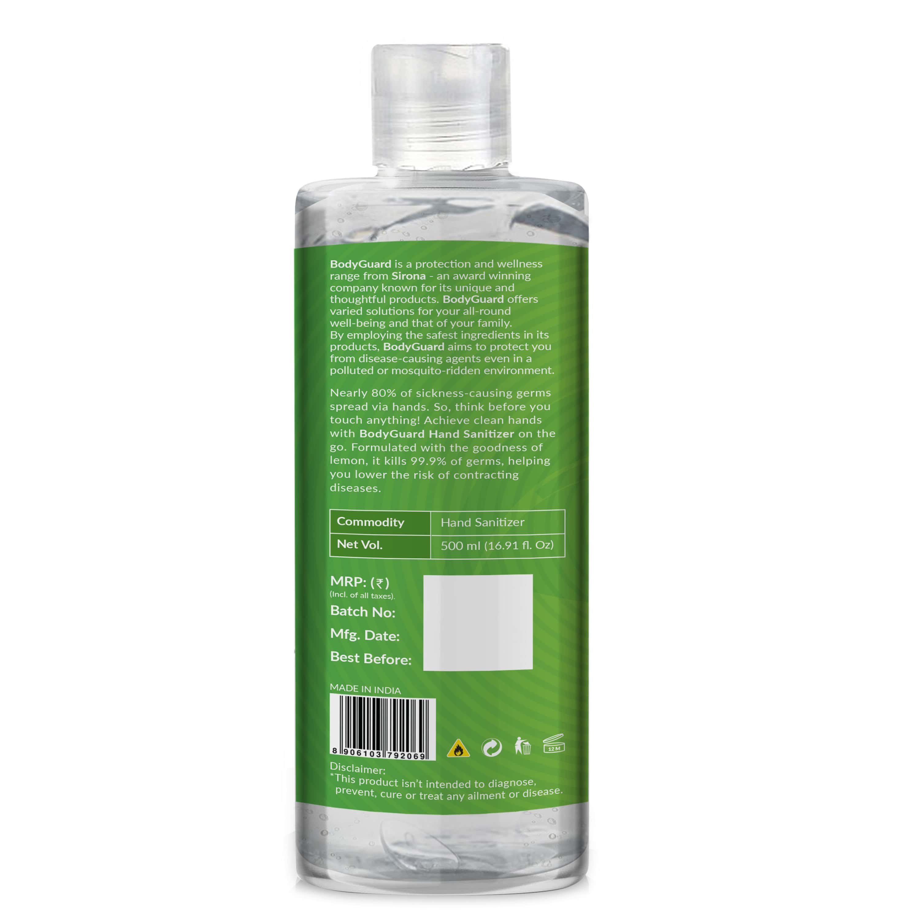 BodyGuard Hand Sanitizer alcohol-based refreshing lemon- Kills 99.9% of germs