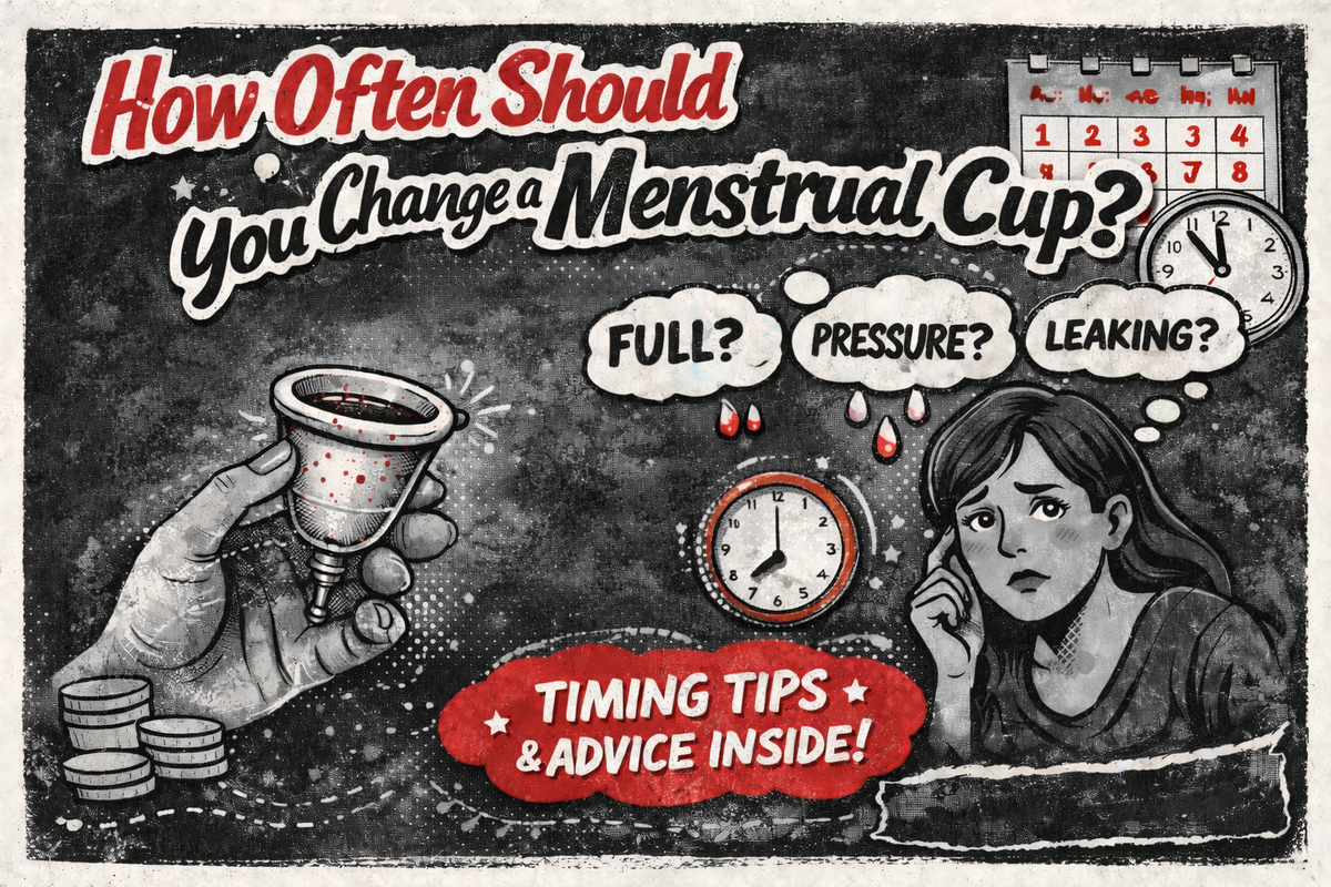 Menstrual cup change timing guide with clock and calendar.
