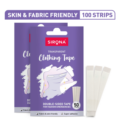 Sirona transparent clothing tape packaging with 100 strips on a white background