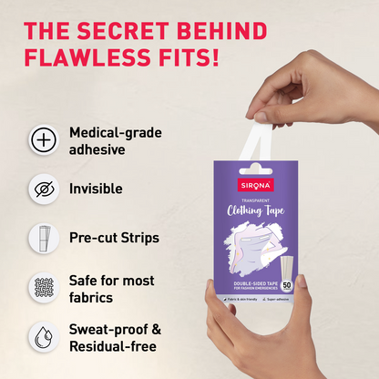 SIRONA sweatproof clothing tape packaging with features listed on a light beige background