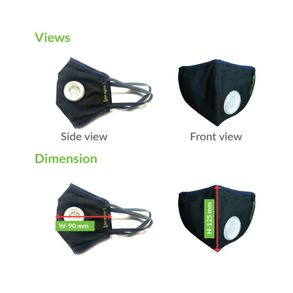 Black face mask with a valve shown from different angles and dimensions on a white background