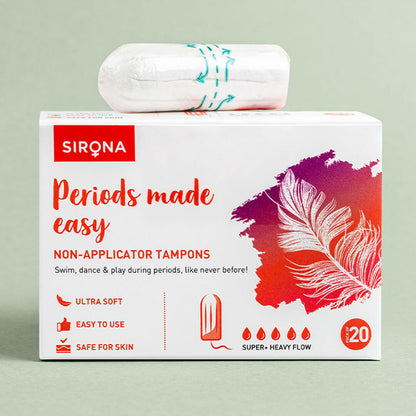 Sirona Non-applicator Tampons for Super Plus Heavy Flow , Ultra Soft Tampons, Rash-Free, Stain-Free, Odour-Free, Leakage Free, FDA Approved - (20 Pcs)