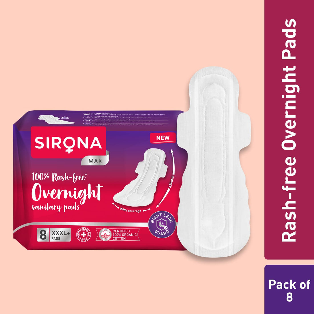 100% Rash Free Overnight Sanitary Pads for Women (XXXL Size) - 8 Disposable Pads For Heavy Flow, Cottony Soft Top Sheet, Ultra Soft, LeakProof