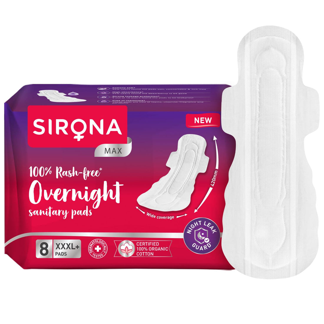 100% Rash Free Overnight Sanitary Pads for Women (XXXL Size) - 8 Disposable Pads For Heavy Flow, Cottony Soft Top Sheet, Ultra Soft, LeakProof
