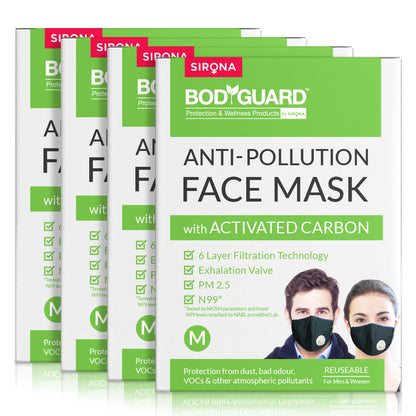 Packaging of Sirona Bodyguard anti-pollution face masks with activated carbon on a white background