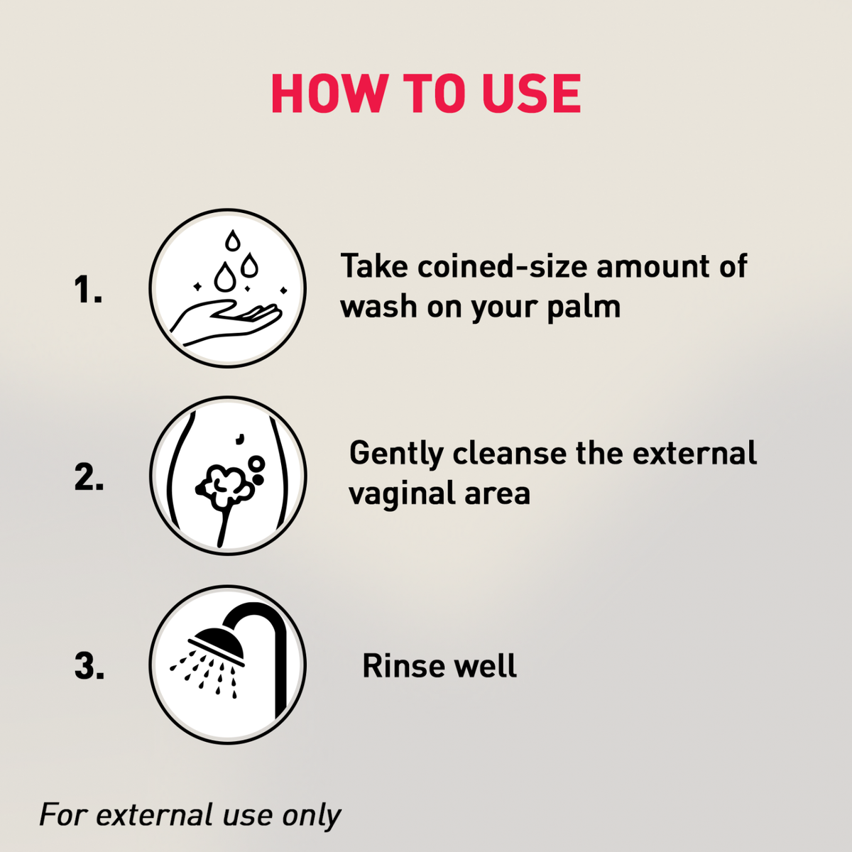 Instructions on how to use a product for external application, shown with icons and text