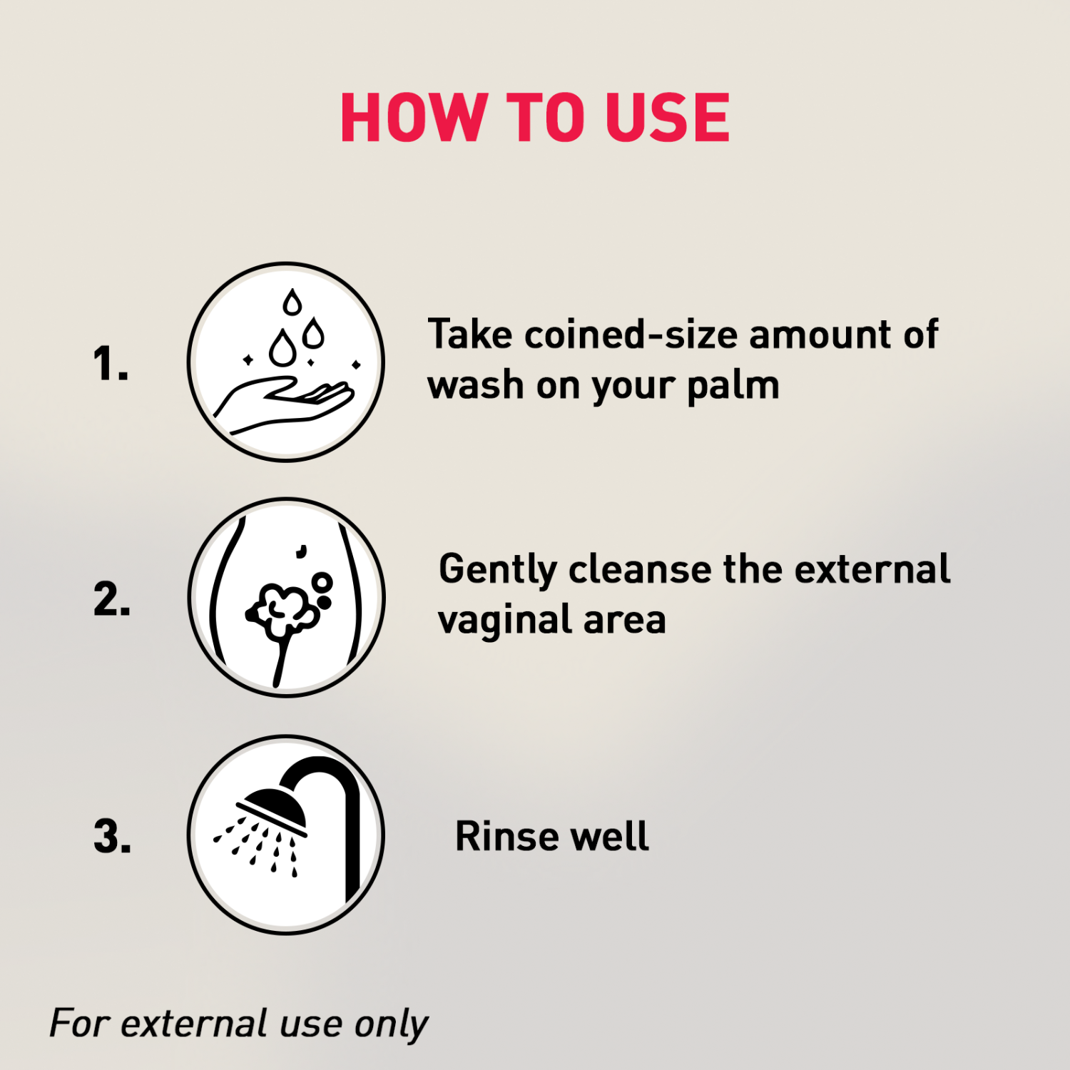 Instructions on how to use a product for external application, shown with icons and text