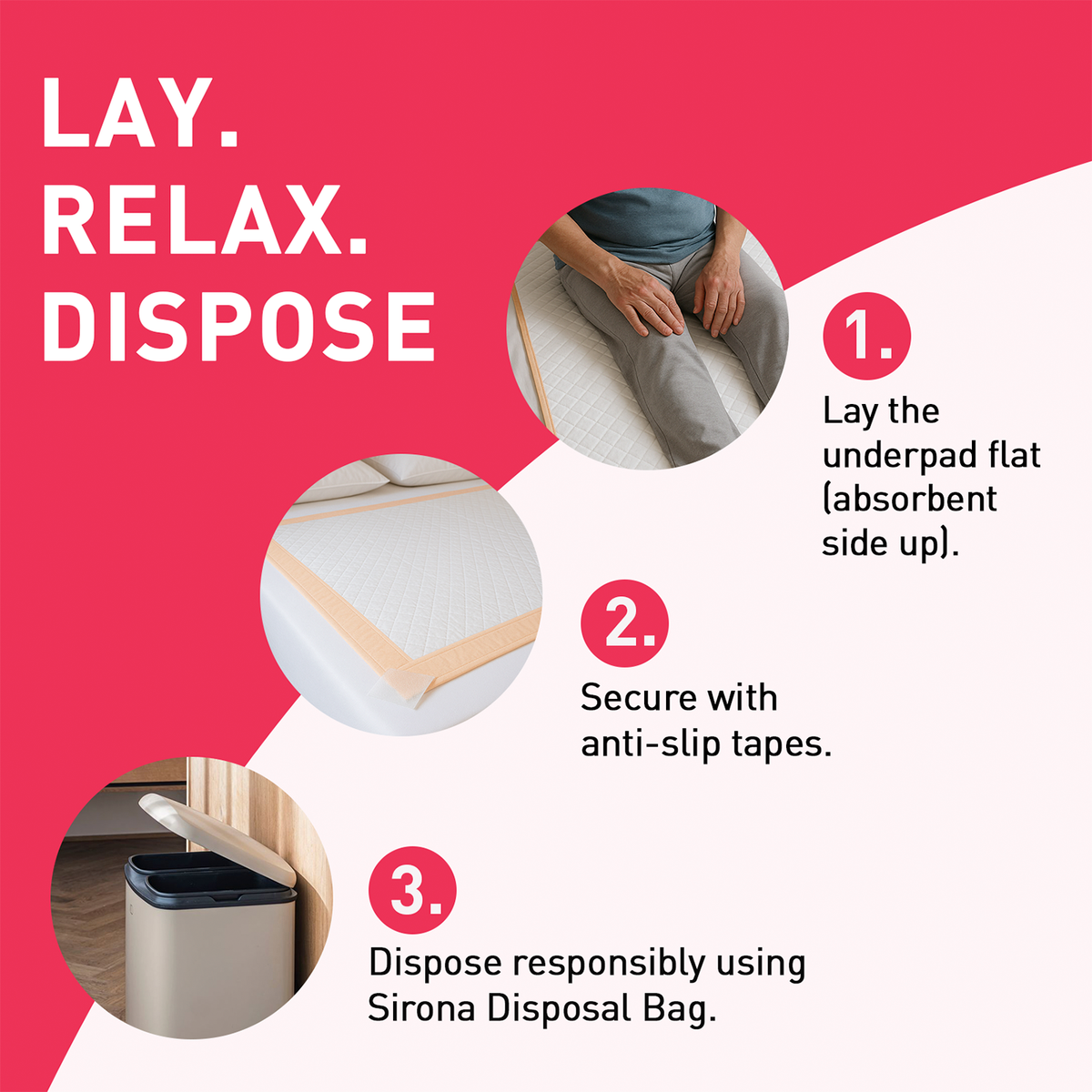 Instructions for using an underpad with images and text on a red background