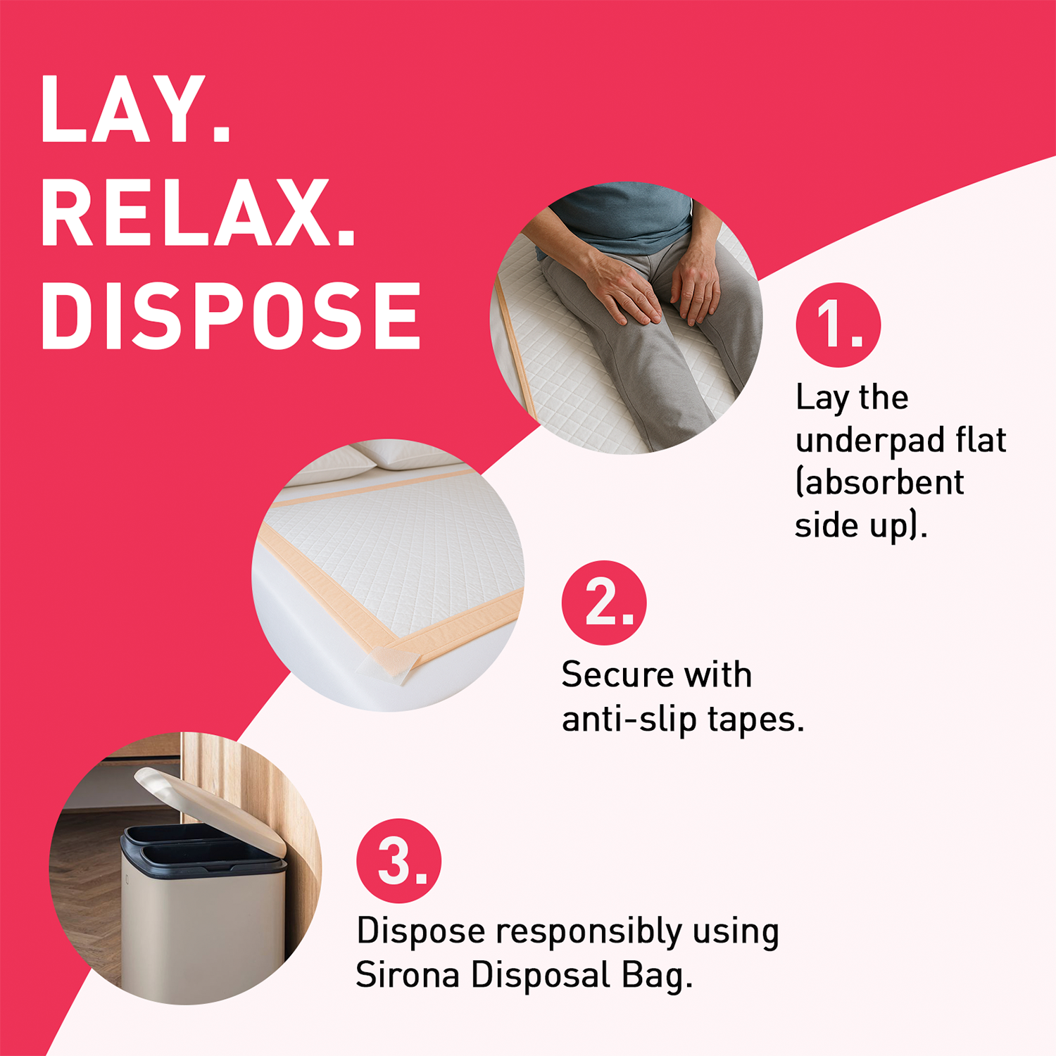 Instructions for using an underpad with images and text on a red background