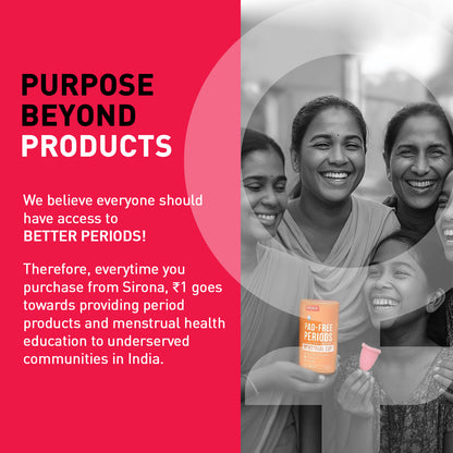 Advertisement for Sirona period products with text about access to better periods and community support.