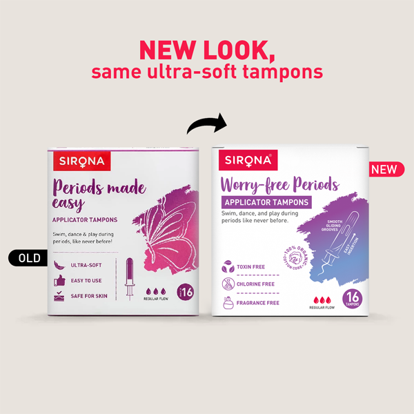 Comparison of Sirona applicator tampons packaging with new and old designs