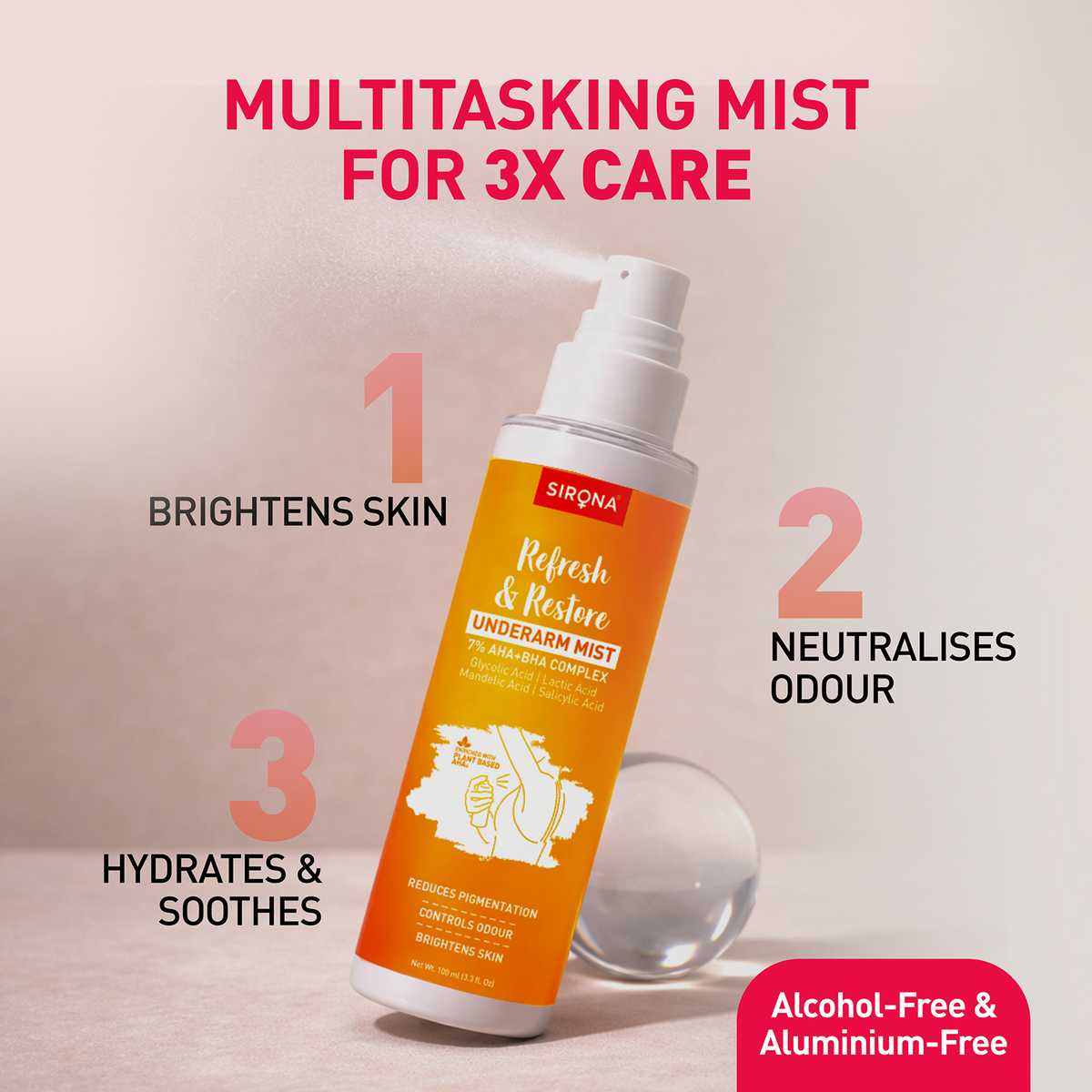 Orange spray bottle with text highlighting multitasking mist benefits on a beige background