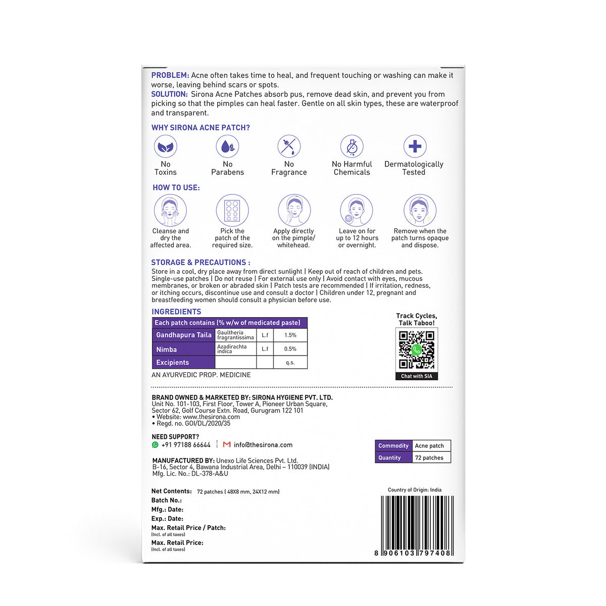 Back of Sirona Acne Patch packaging with text and icons on a 