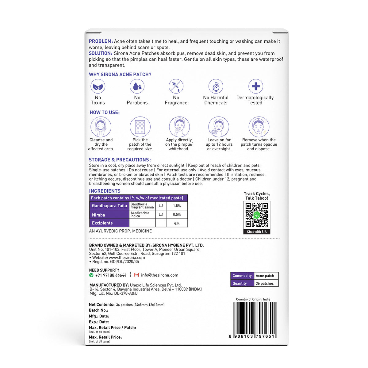 Back of a Sirona Acne Patch packaging with text and product details.