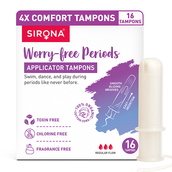 Sirona comfort tampons packaging with a tampon 