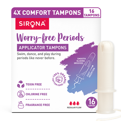 Sirona comfort tampons packaging with a tampon 