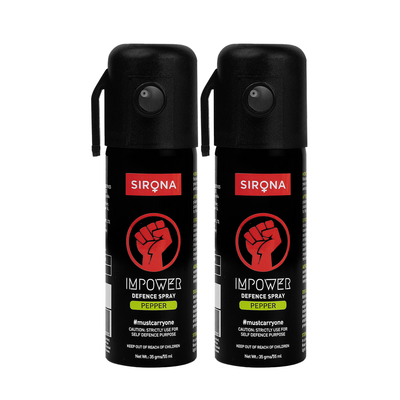 Two Sirona Impower defence spray cans on a white background