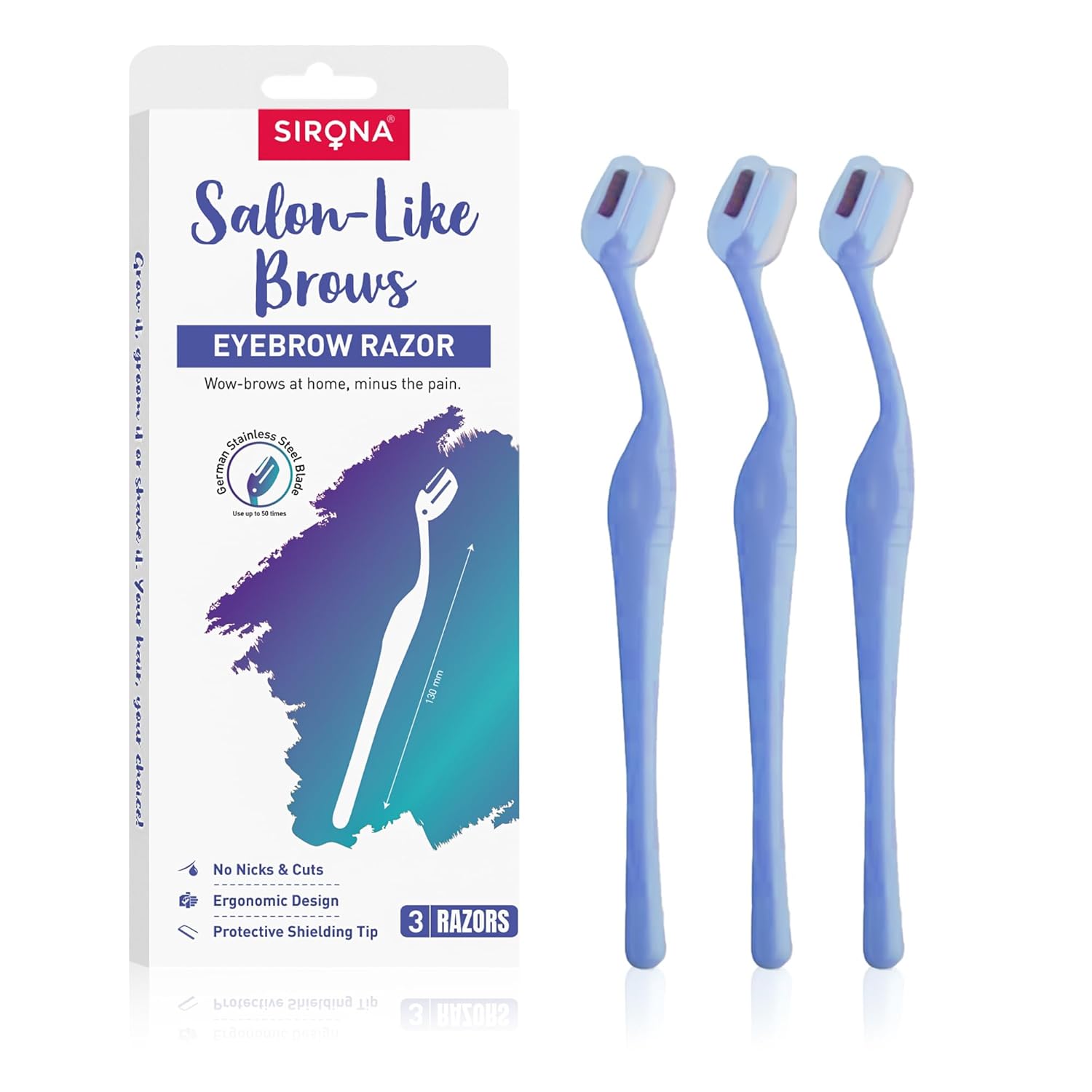 Sirona salon-like brows eyebrow razor with packaging on a white background