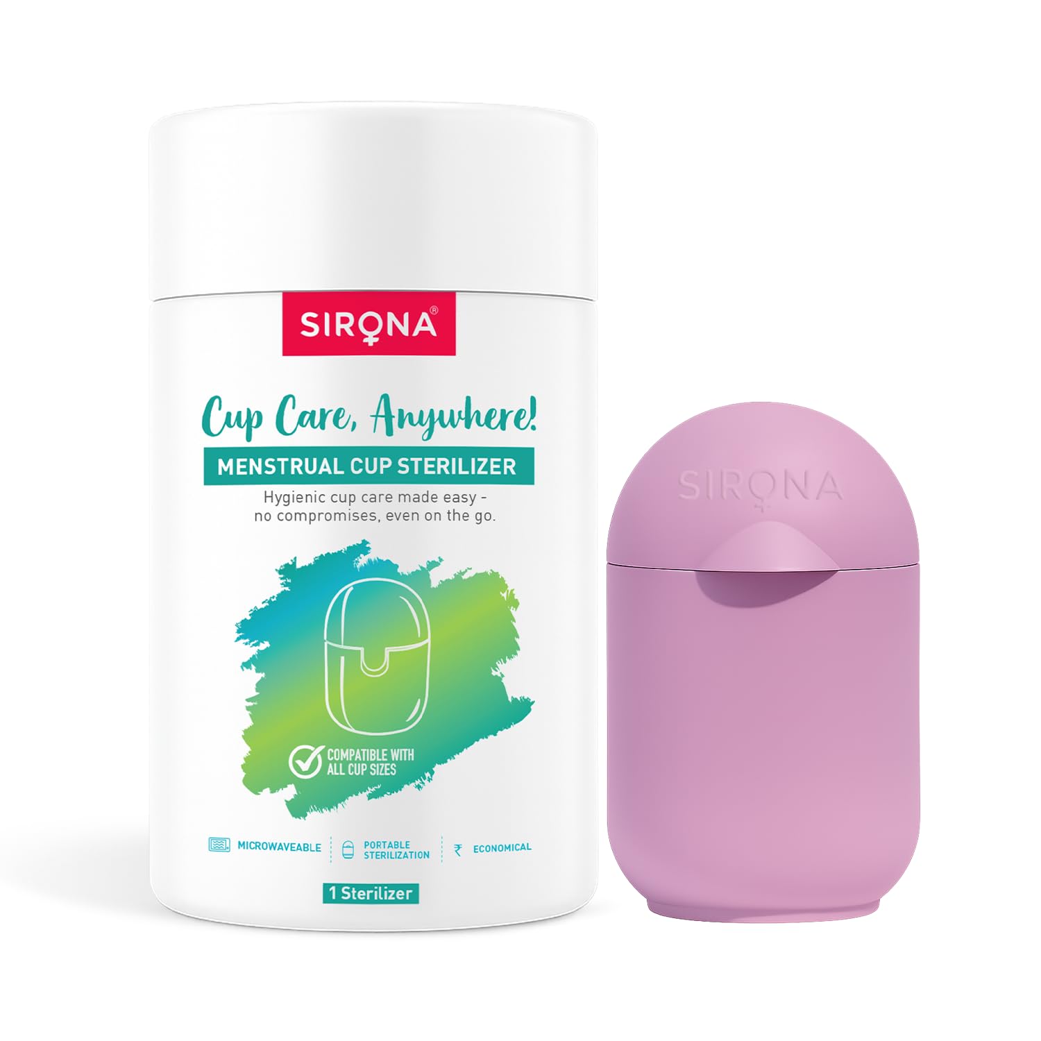 Sirona menstrual cup sterilizer with a purple container