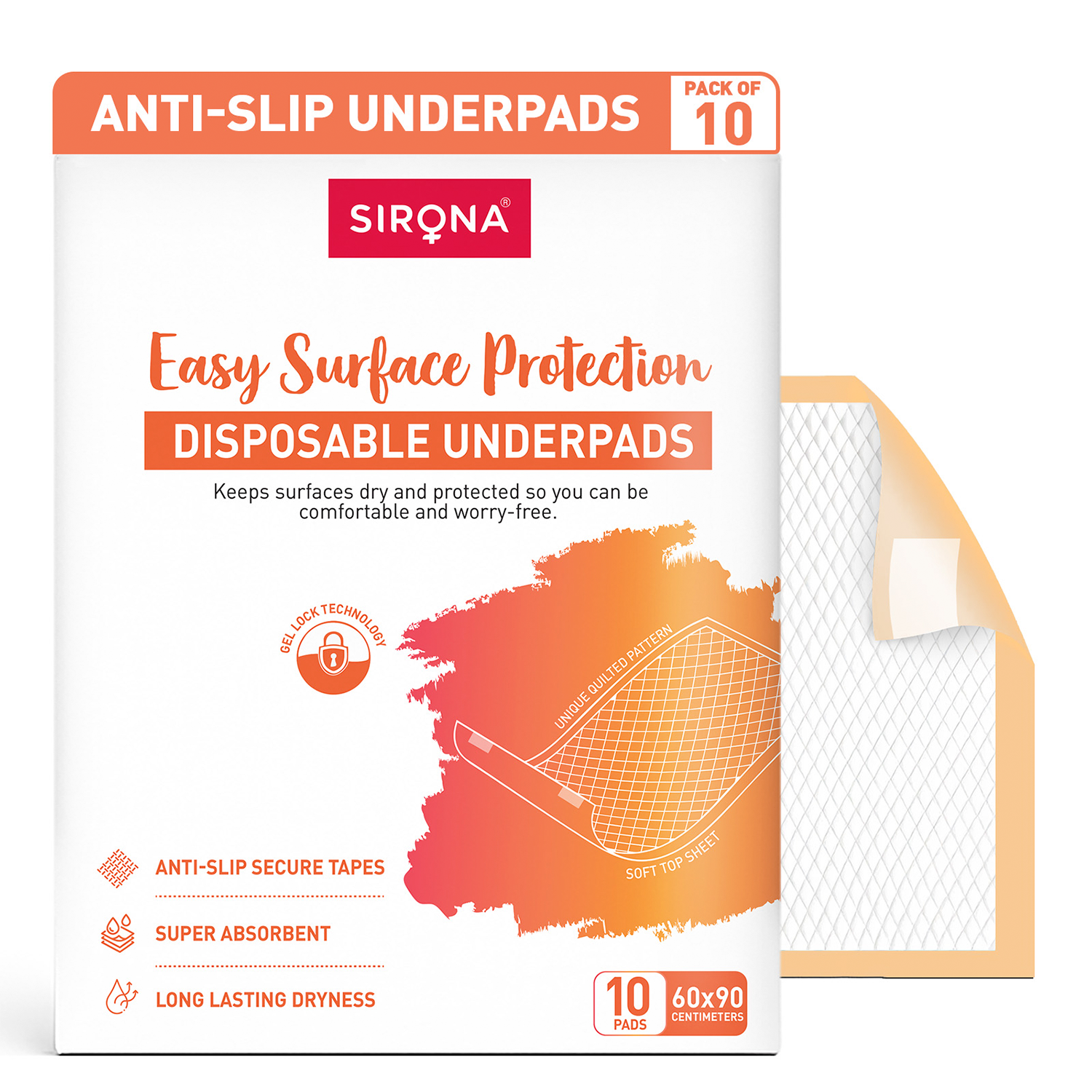 Sirona anti-slip underpads packaging with a small sample pad on a white background