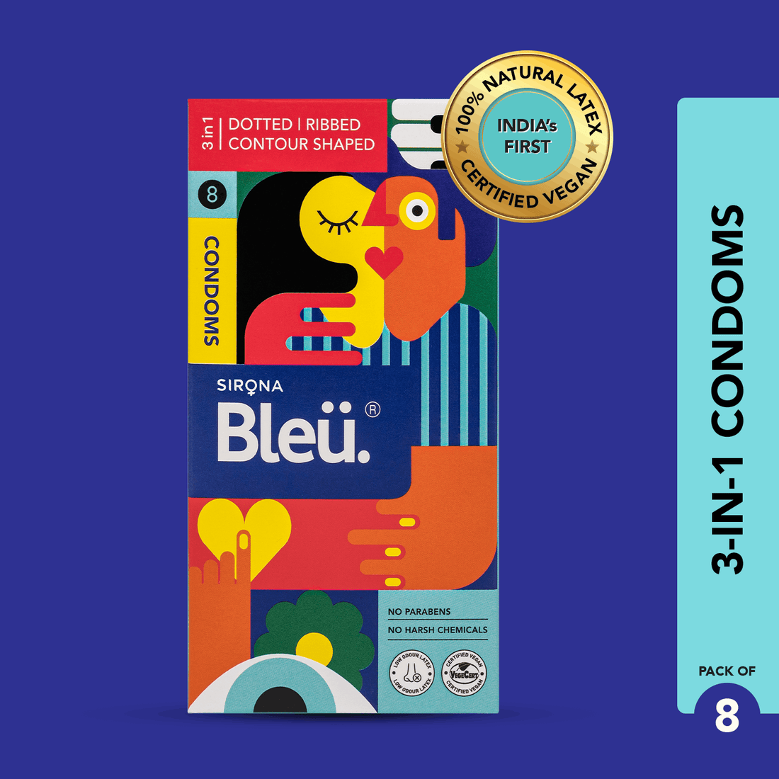 Bleu 3 in 1 Vegan Condoms (Ribbed, Dotted & Contoured, (1 Pack of 8)
