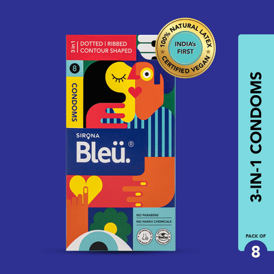 Bleu 3 in 1 Vegan Condoms (Ribbed, Dotted &amp; Contoured, (1 Pack of 8)