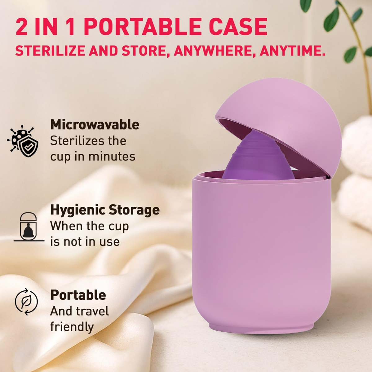 Purple 2-in-1 portable case with a cup inside