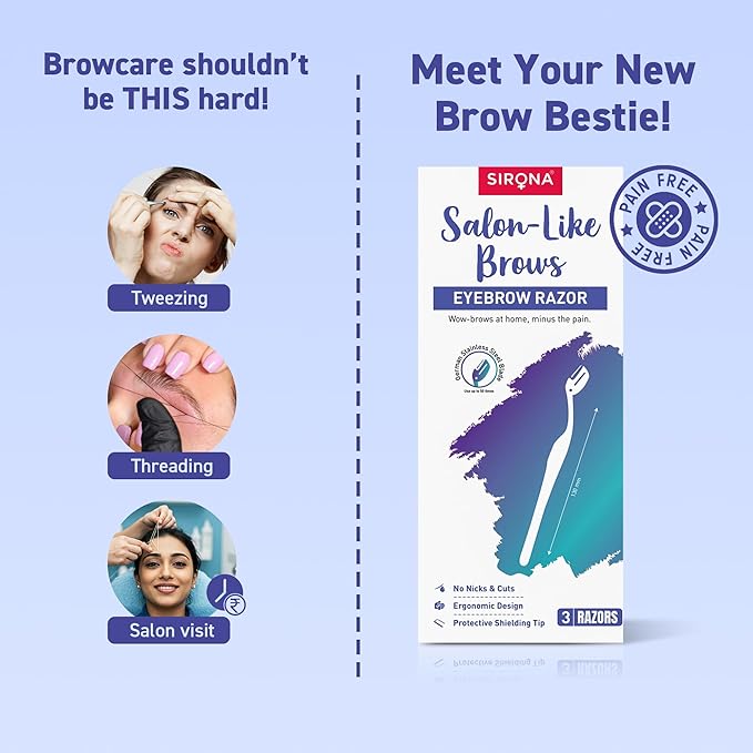 Sirona Salon-Like Brows eyebrow razor packaging with illustrations of brow care methods on a blue background