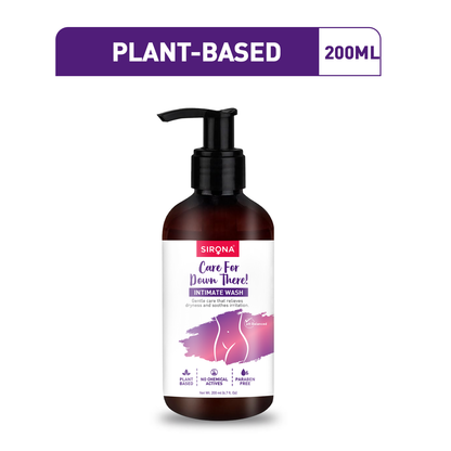 Sirona intimate wash bottle with plant-based label on a white background