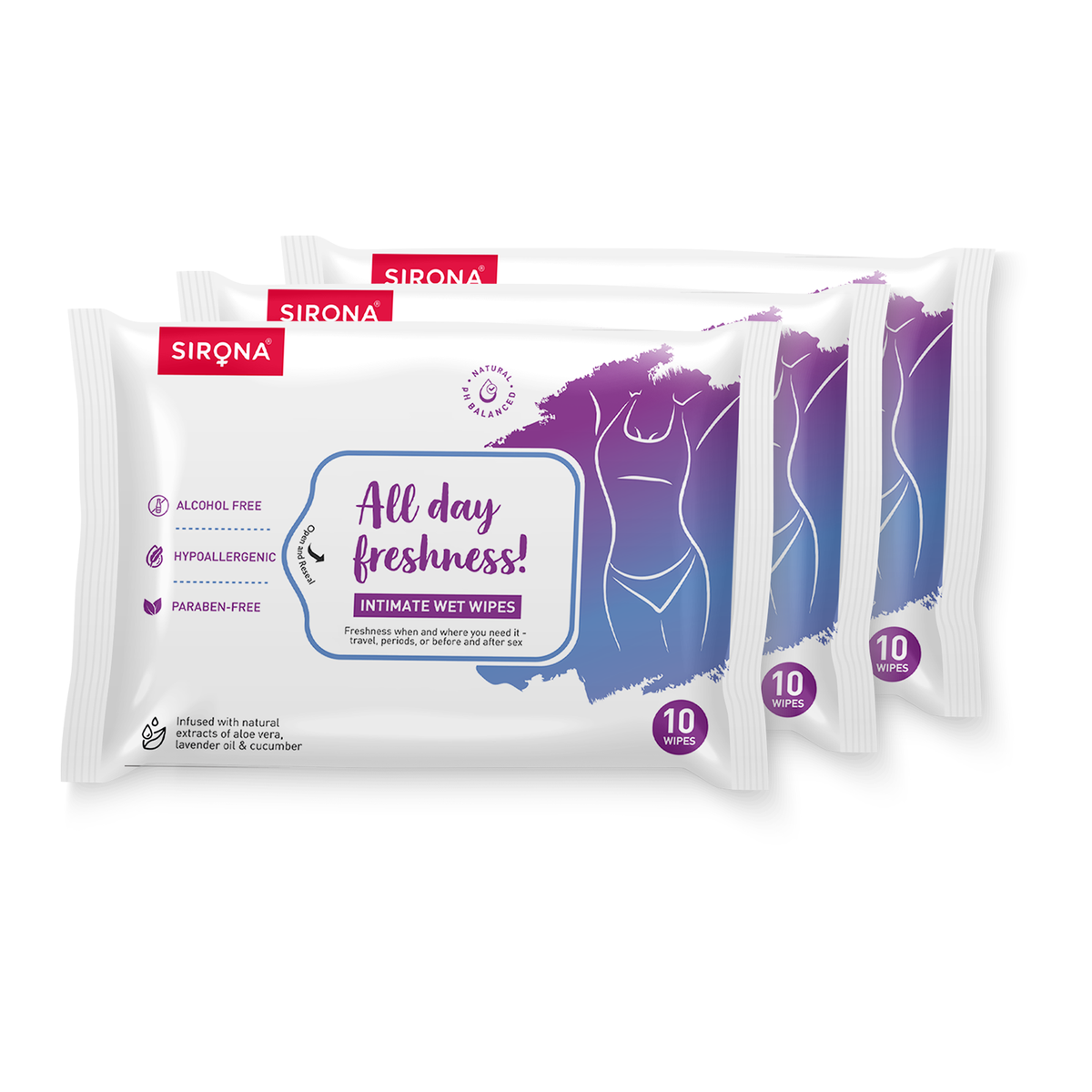 Sirona intimate wipes packaging with &