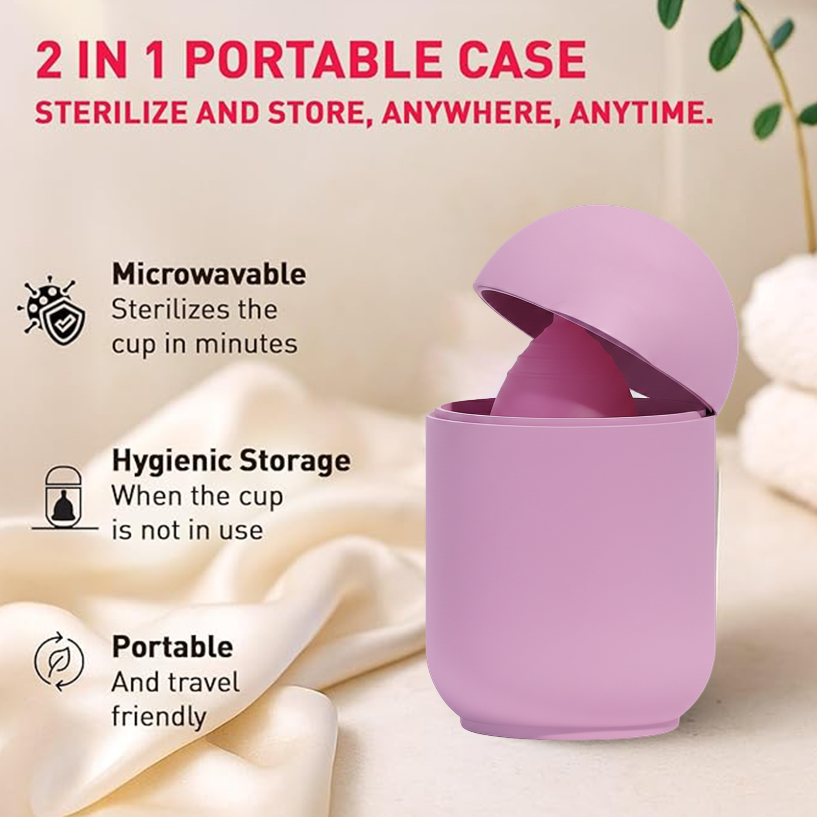 Purple 2-in-1 portable case with a cup, featuring text on sterilization and storage.