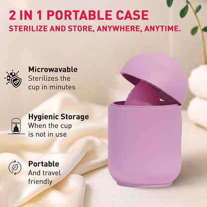 Purple 2-in-1 portable case with a cup, featuring text on sterilization and storage.