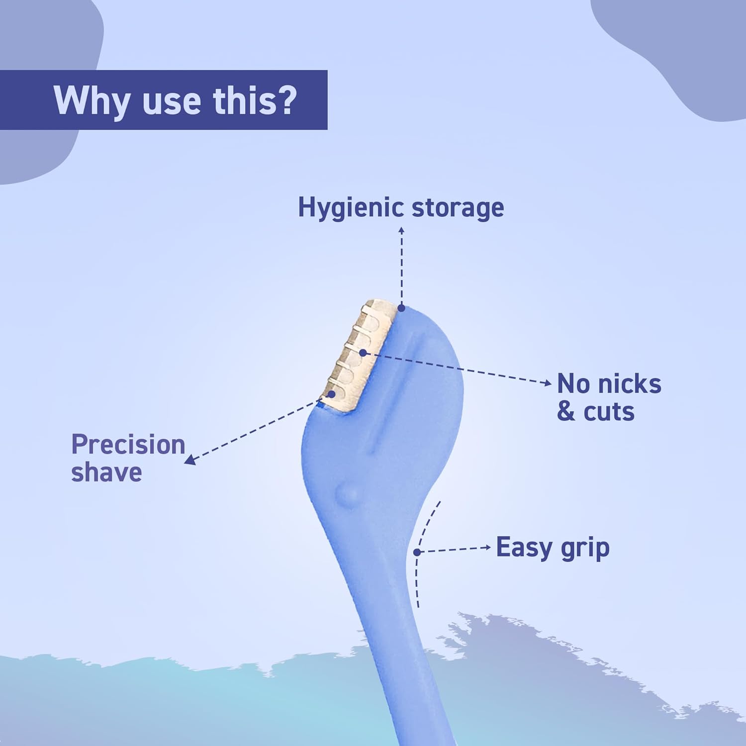 Shaving product with labeled benefits on a blue background