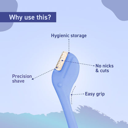 Shaving product with labeled benefits on a blue background
