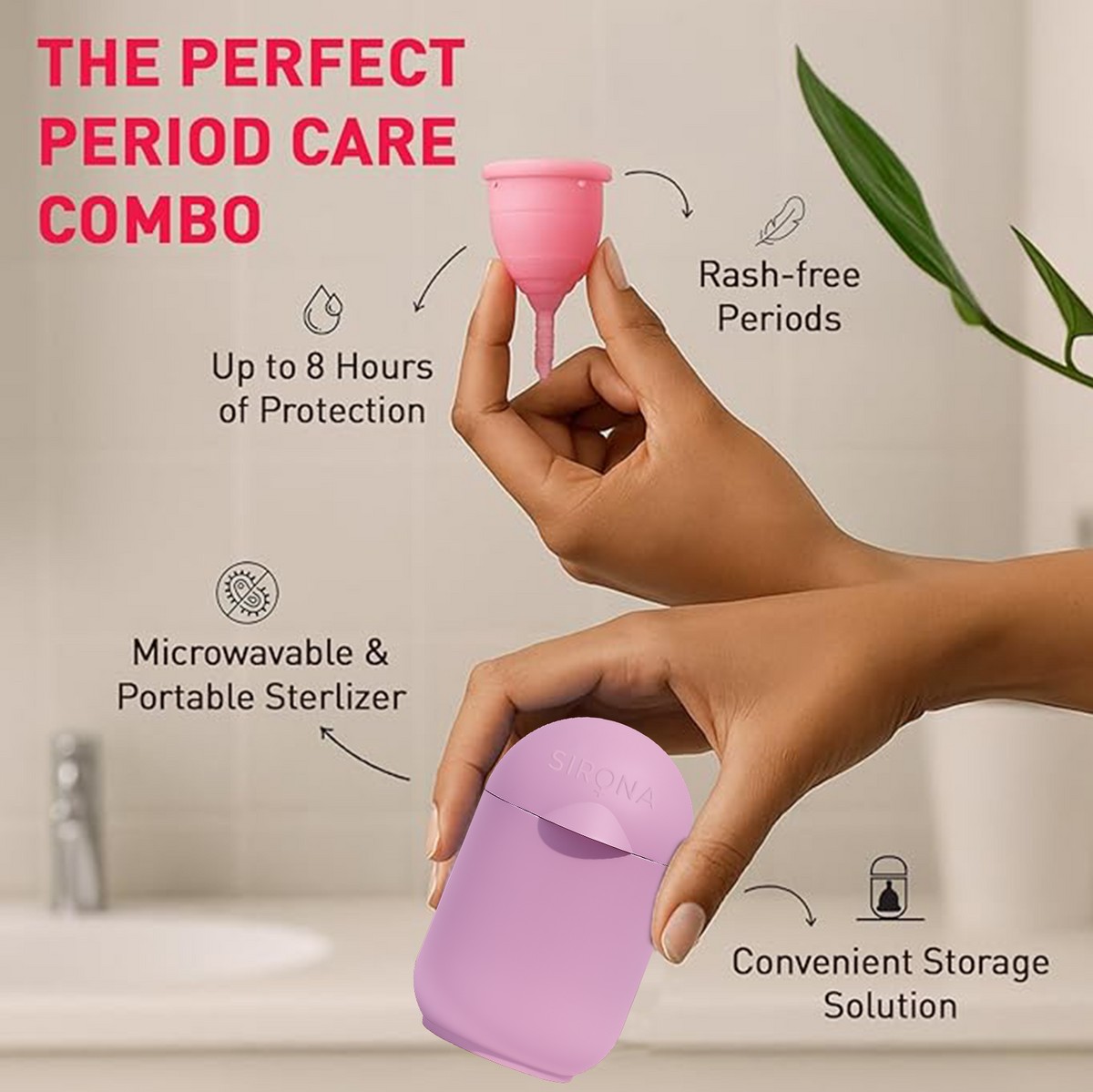 Pink menstrual cup held by a hand with purple sterilizer