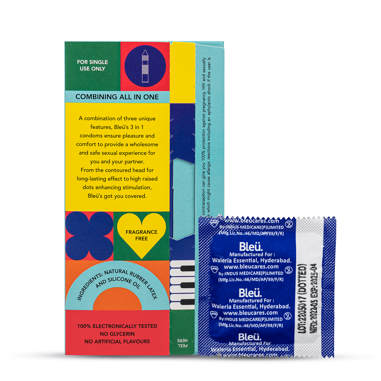 3 In 1 Condoms (Pack of 8) | Ribbed &amp; Dotted Condoms with Natural Latex for Extra Sensitive Skin, No Fragrance &amp; Chemical Free